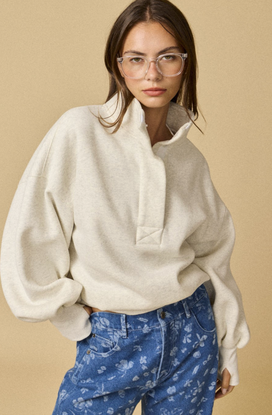 High Collar Half Button-Up